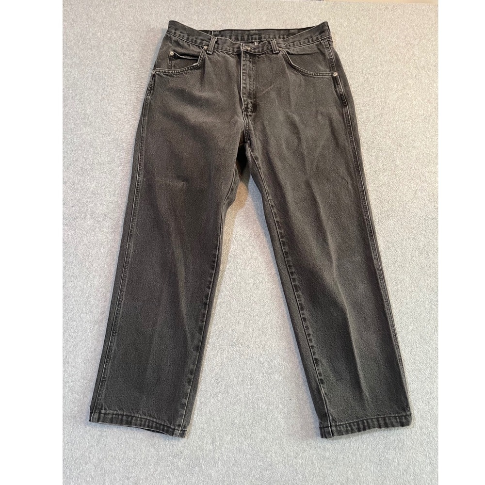 VTG Wrangler Rugged Wear Mens Faded Black Straight Leg Denim Jeans 33x26 Hemmed